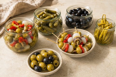 Selección de aceitunas, pepinillos, piparras y banderillas