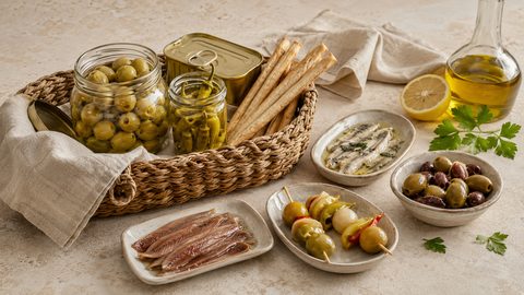 Selección de boquerones, anchoas, aceitunas, piparras y conservas para un aperitivo