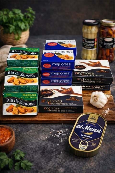 Mejillones, anchoas y productos del mar gourmet